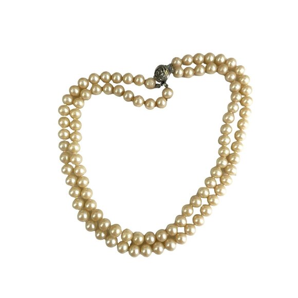 Vintage Double Strand Faux Pearl Necklace With Ornate Clasp Retro - Picture 1 of 7